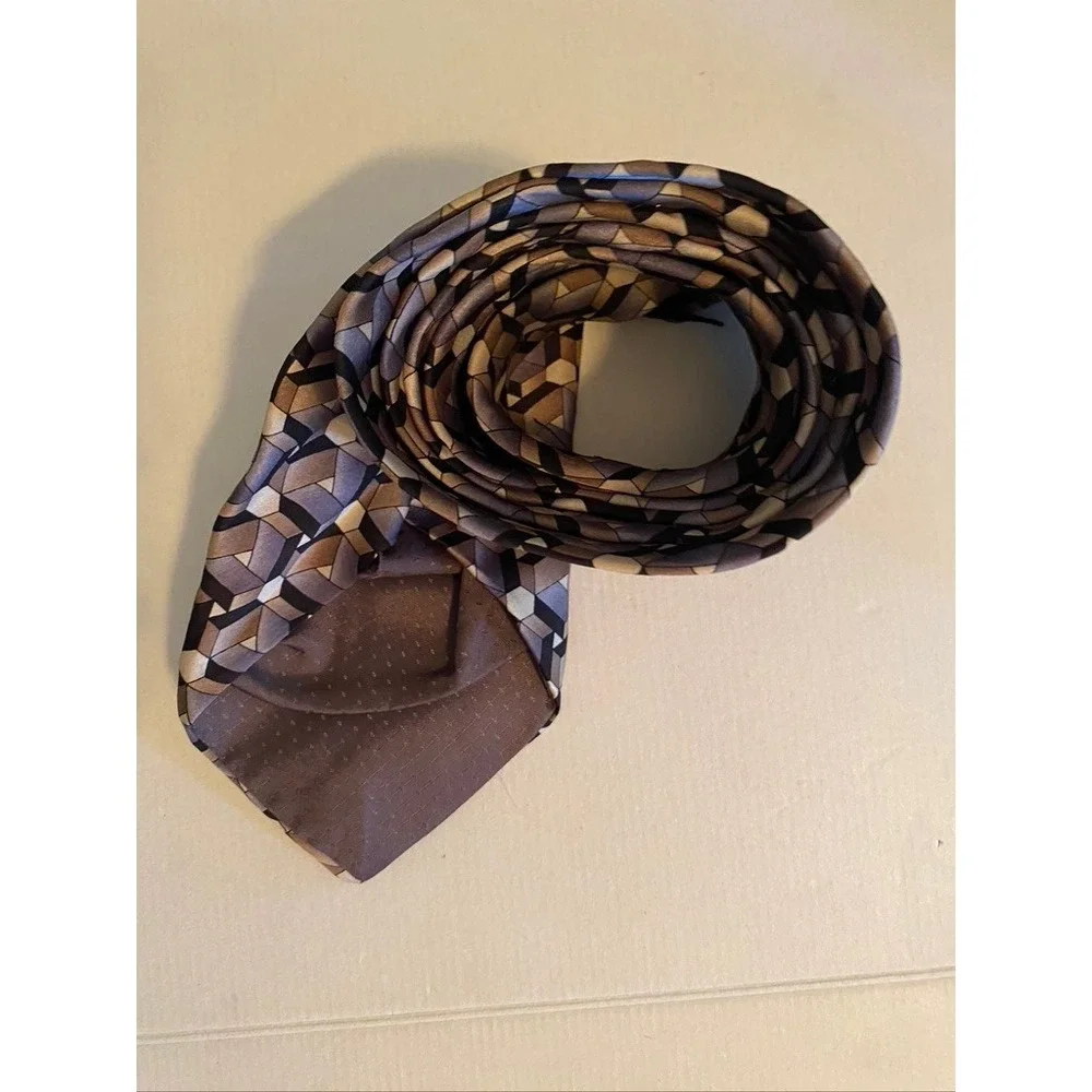 Carlo Palazzi Couture Silk Tie Brown Grey Geometric 3D Cube Pattern Mens USA
